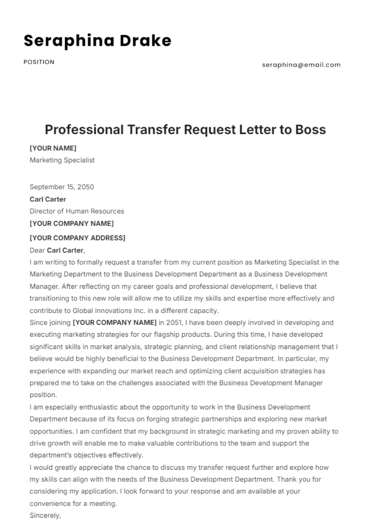 Professional Transfer Request Letter to Boss Template