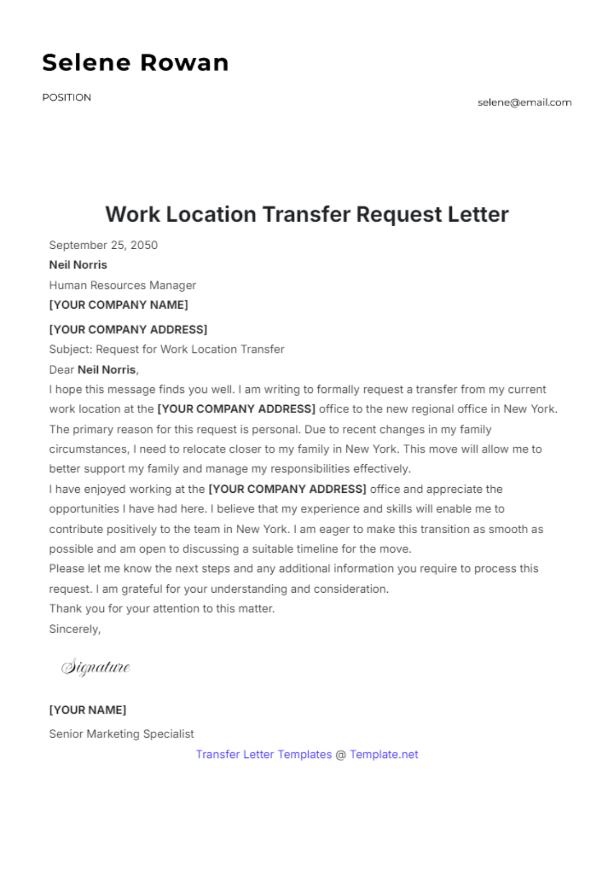 Work Location Transfer Request Letter Template