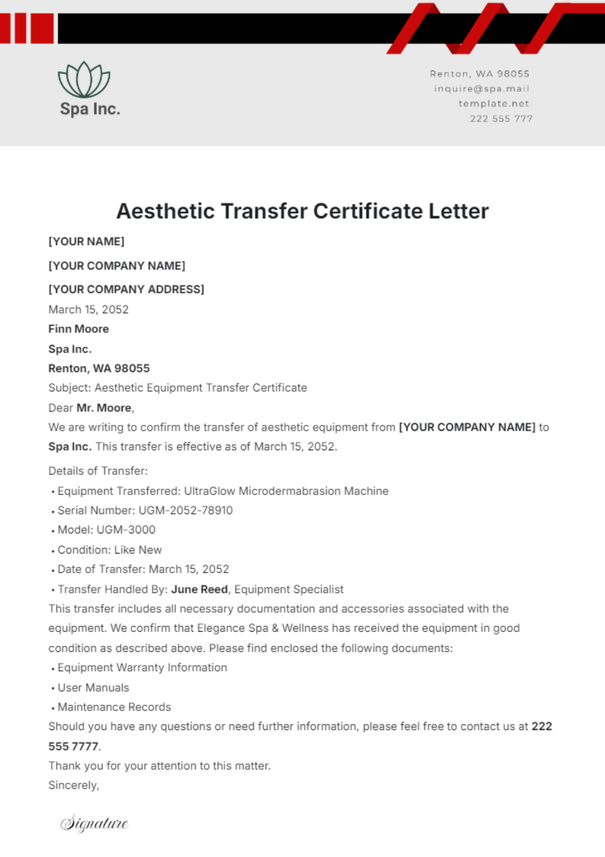 Aesthetic Transfer Certificate Letter Template - Edit Online & Download