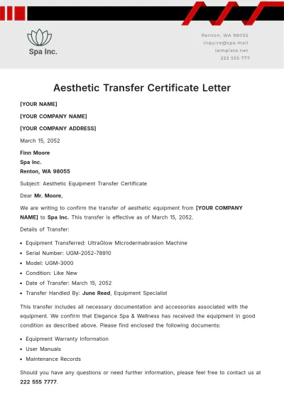 Free Aesthetic Transfer Certificate Letter Template to Edit Online