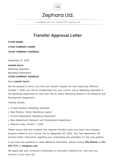 Free Transfer Approval Letter Template to Edit Online