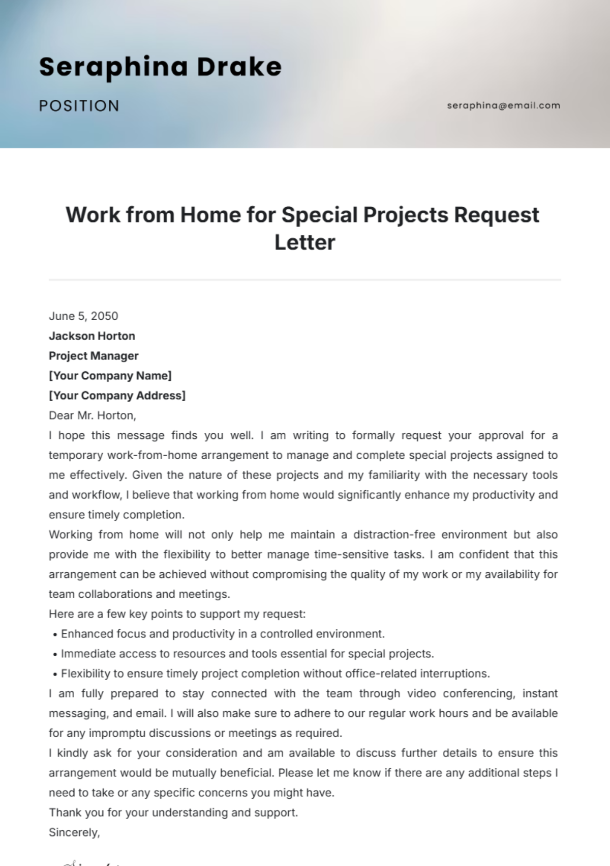 Work from Home for Special Projects Request Letter Template