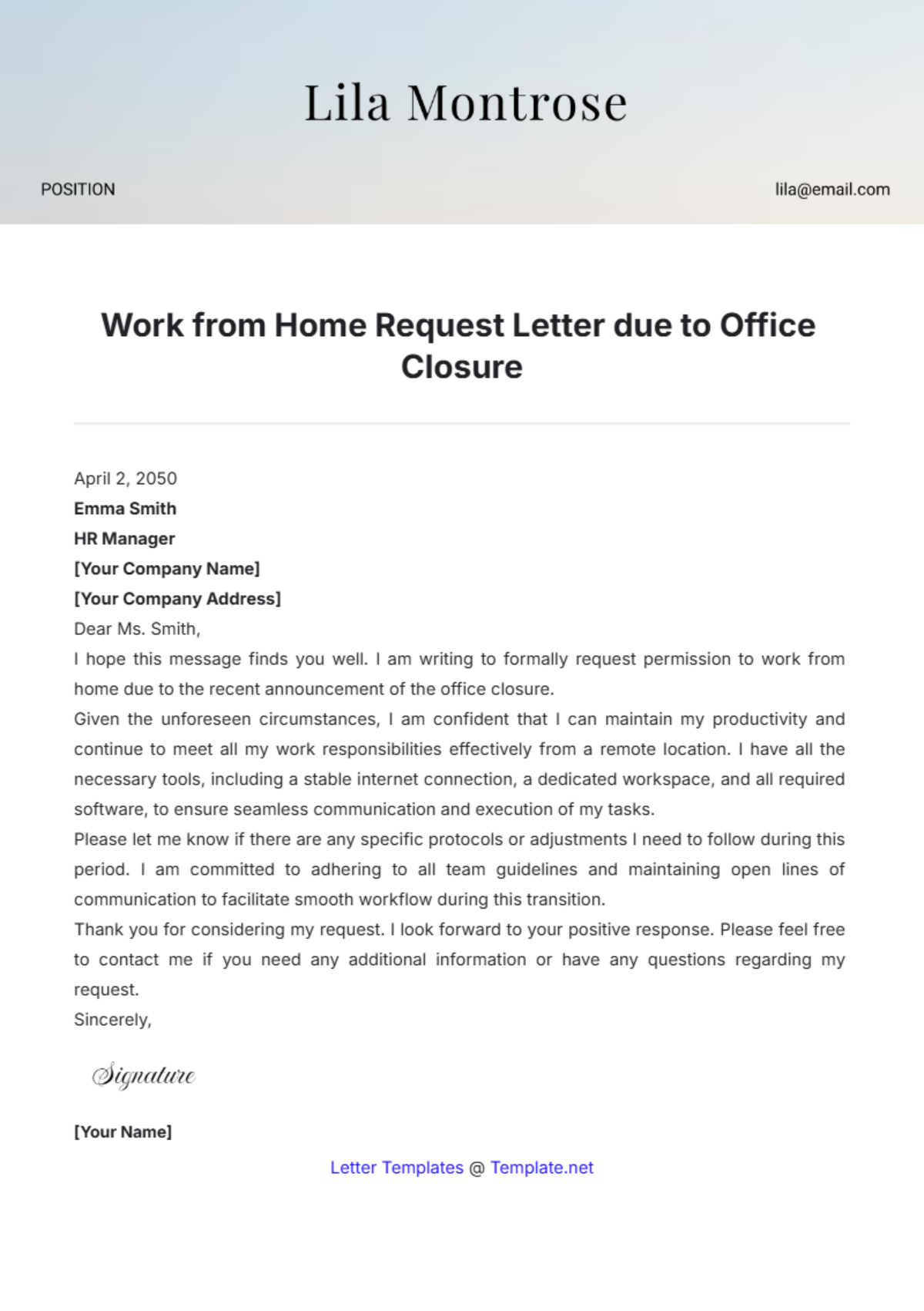 Work from Home Request Letter due to Office Closure Template