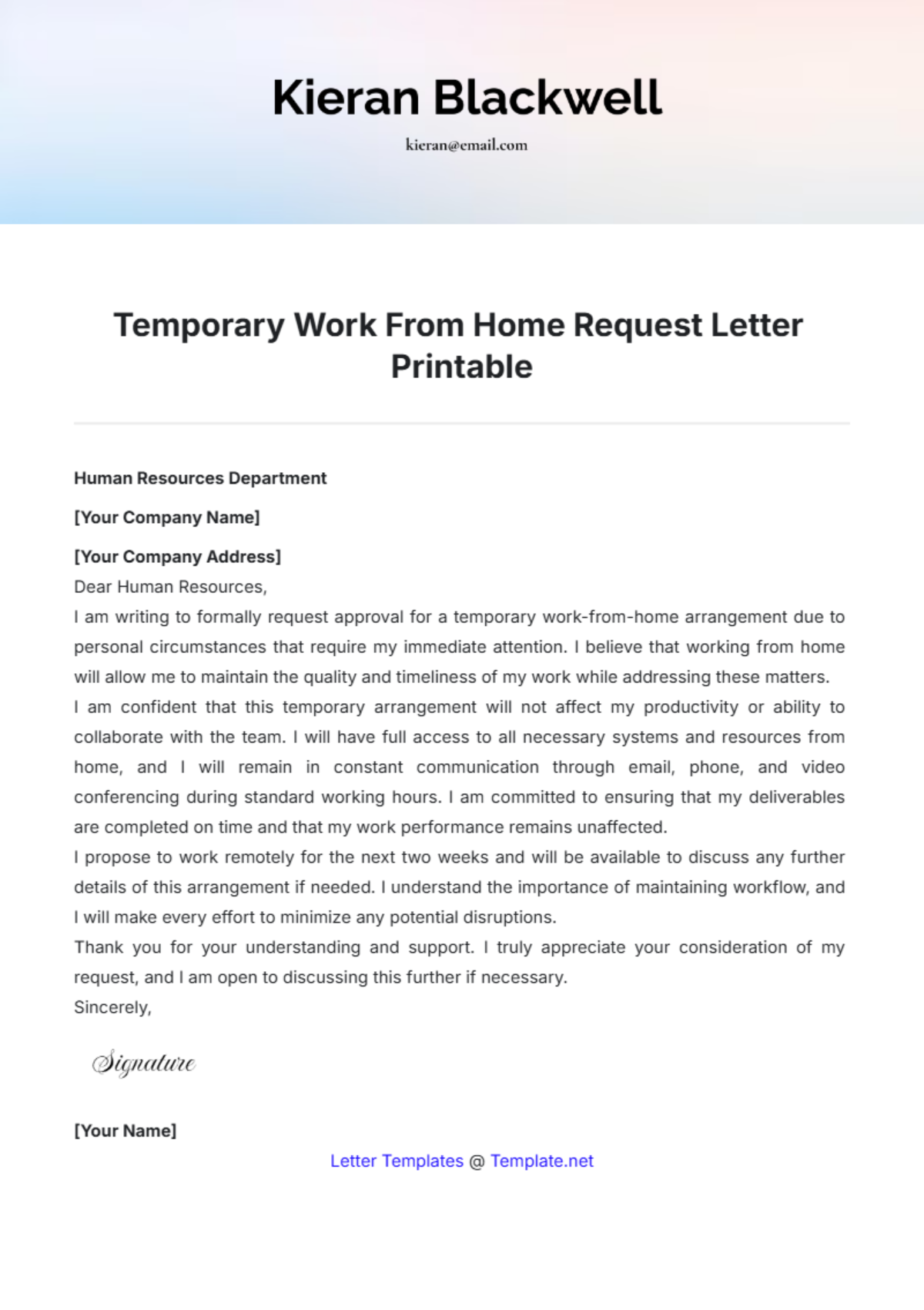 Temporary Work From Home Request Letter Printable Template