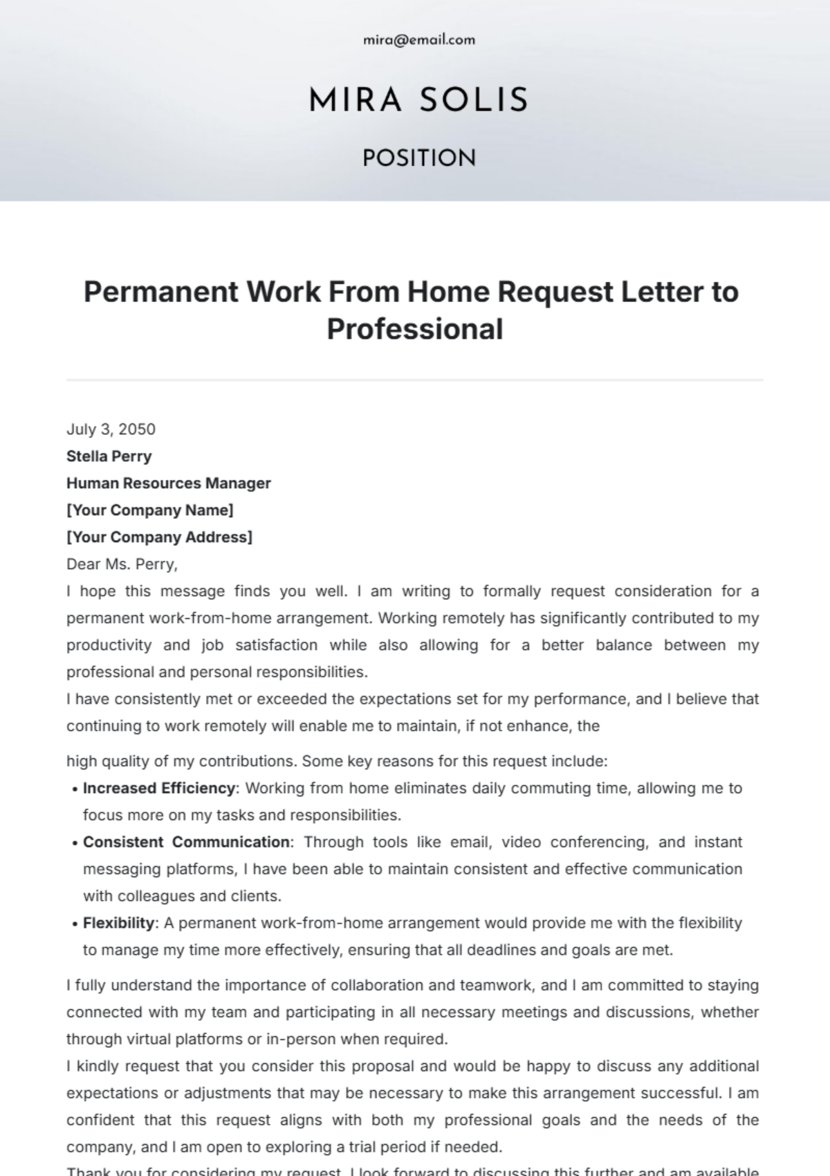 Permanent Work From Home Request Letter to Professional Template