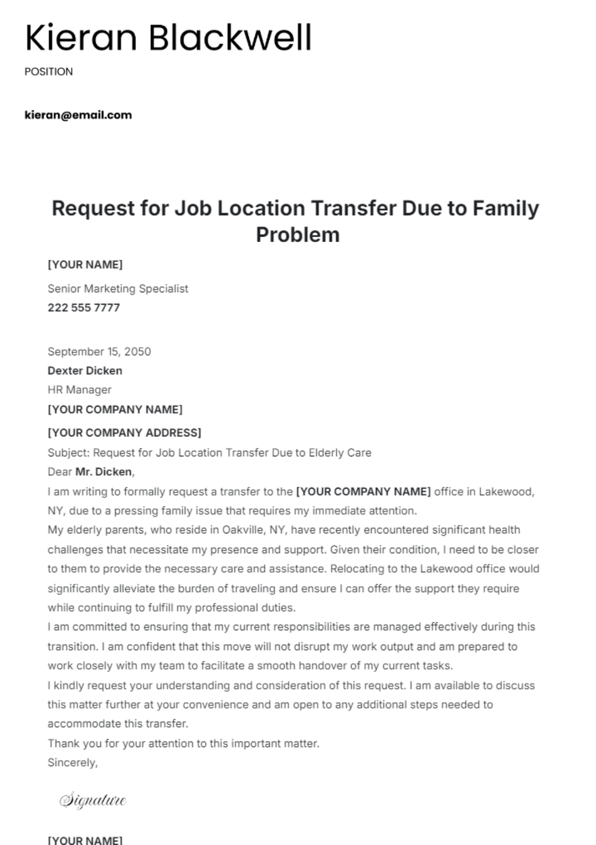 Request for Job Location Transfer Due to Family Problem Template