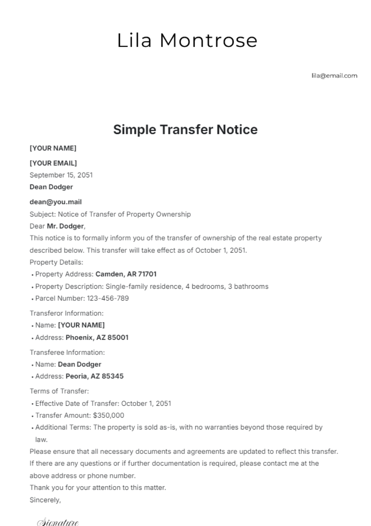 Simple Transfer Notice Template