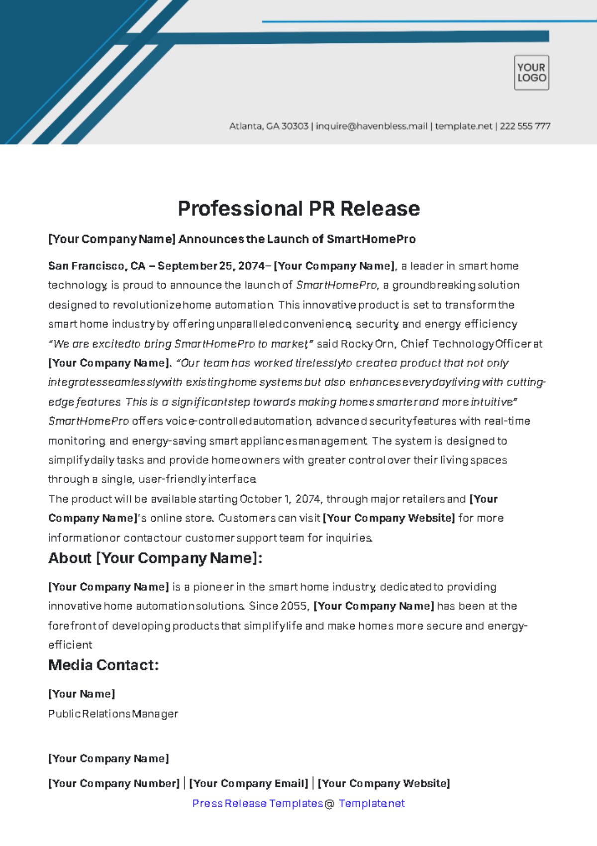 Professional PR Release Template - Edit Online & Download