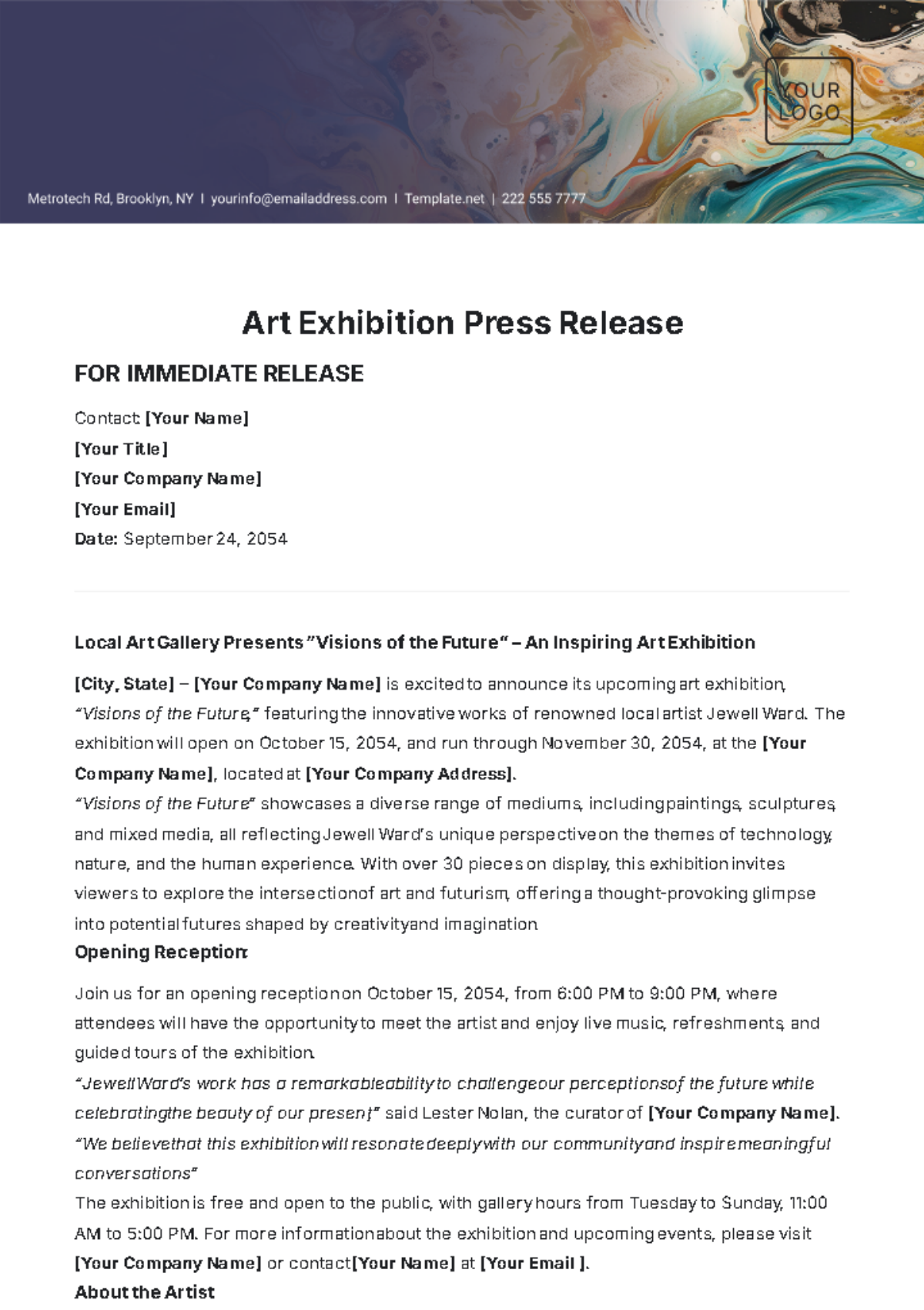 Art Exhibition Press Release Template - Edit Online & Download