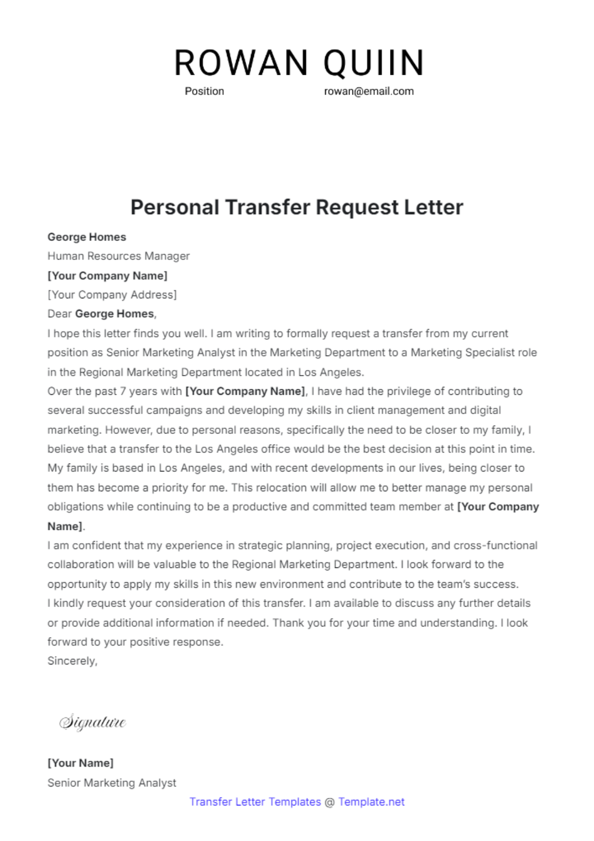 Personal Transfer Request Letter Template