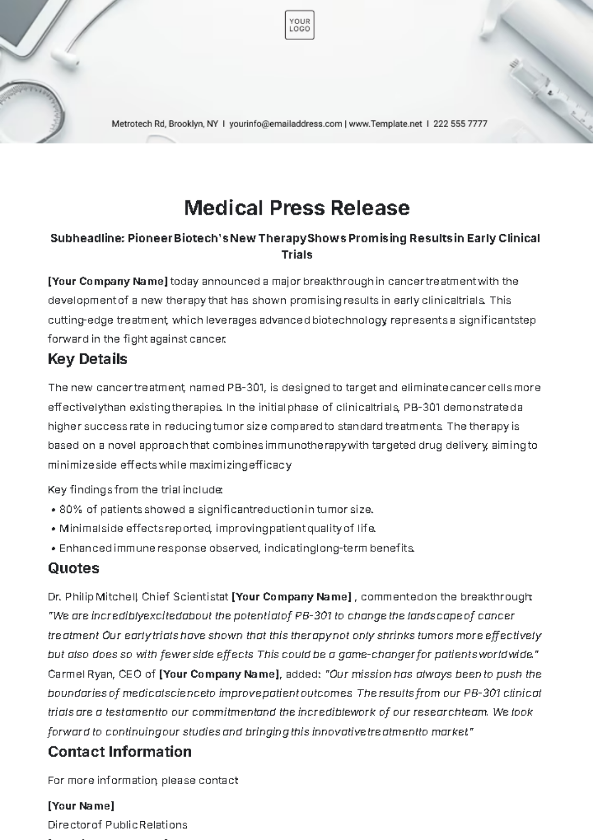 Medical Press Release Template - Edit Online & Download