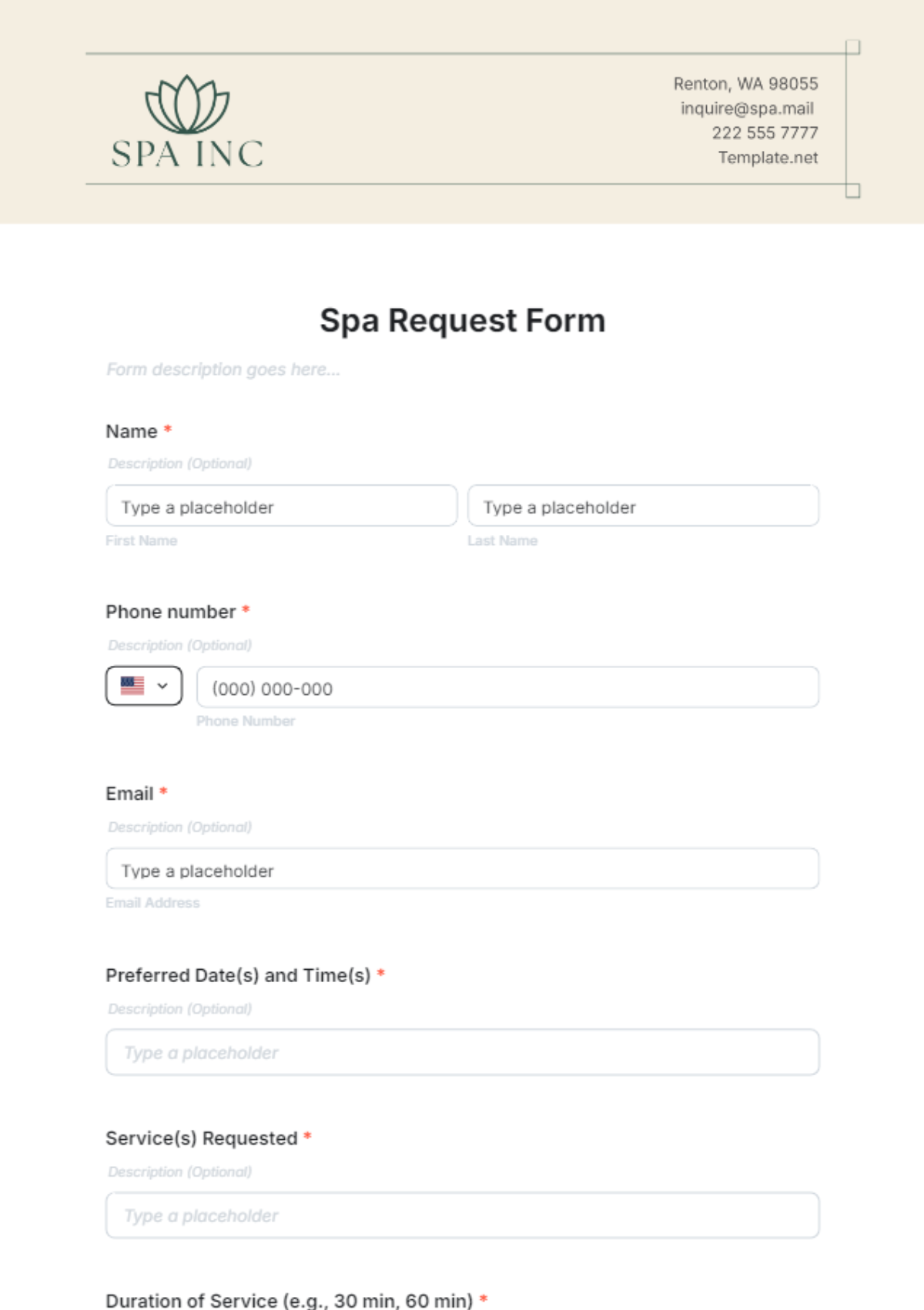 Spa Request Form Template - Edit Online & Download