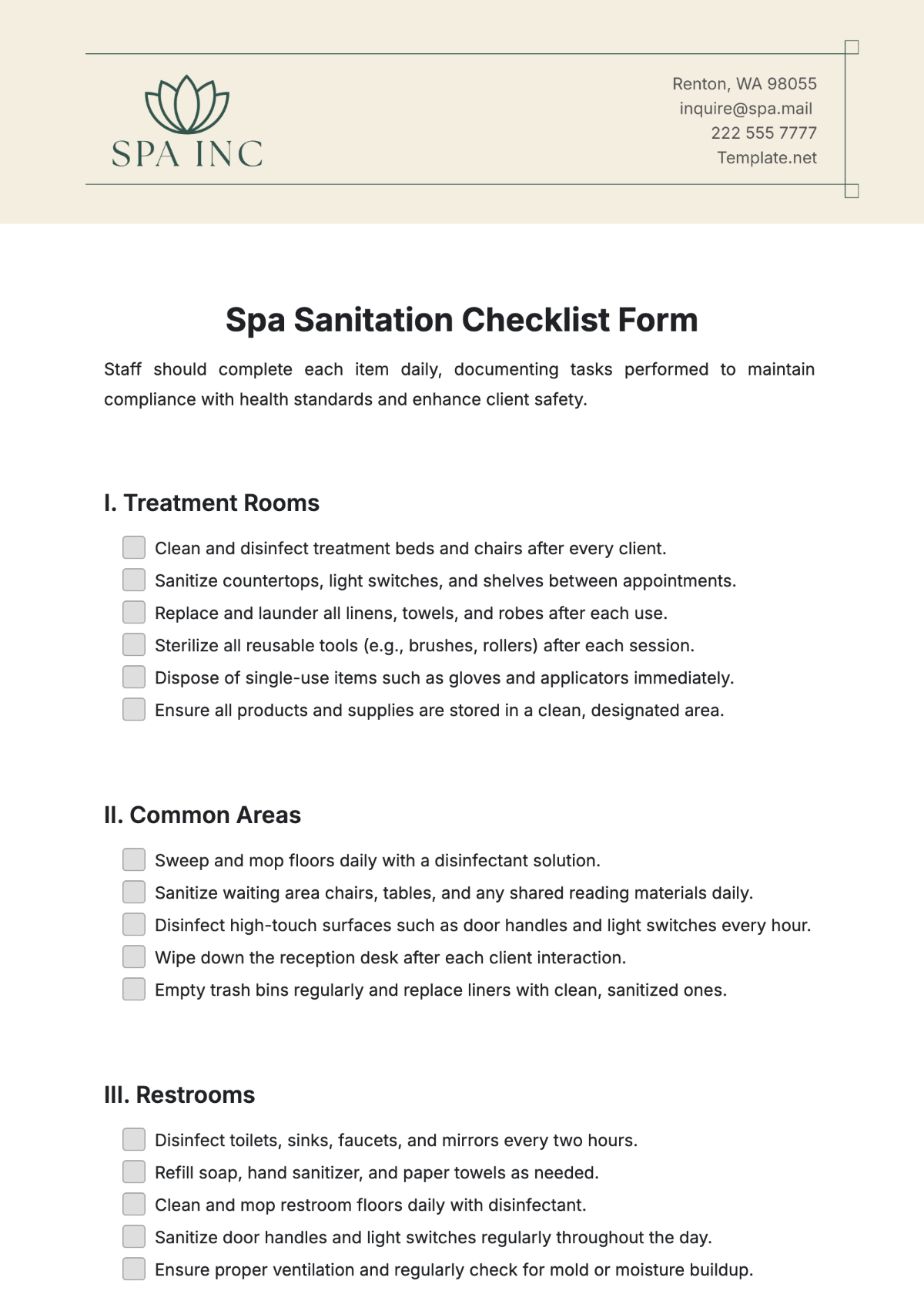 Spa Sanitation Checklist Form Template - Edit Online & Download