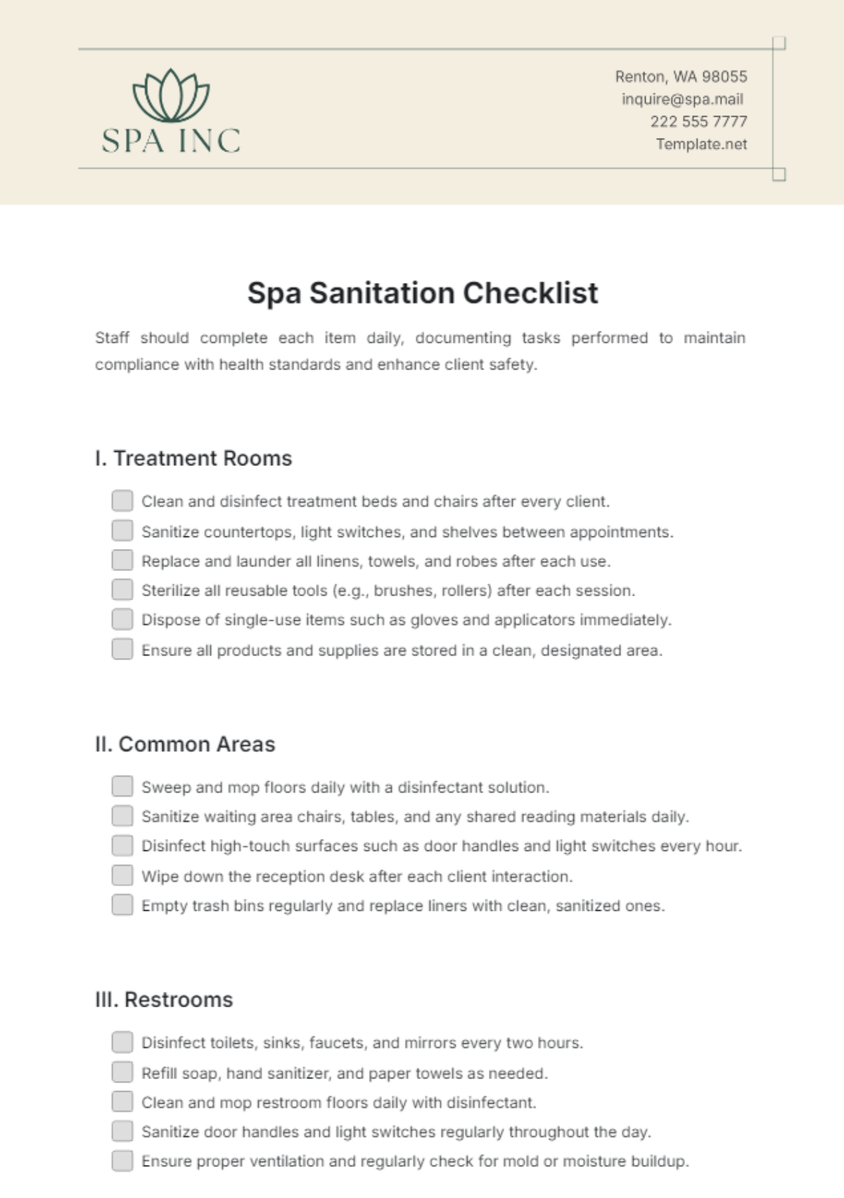 Free Spa Sanitation Checklist Template - Edit Online & Download ...