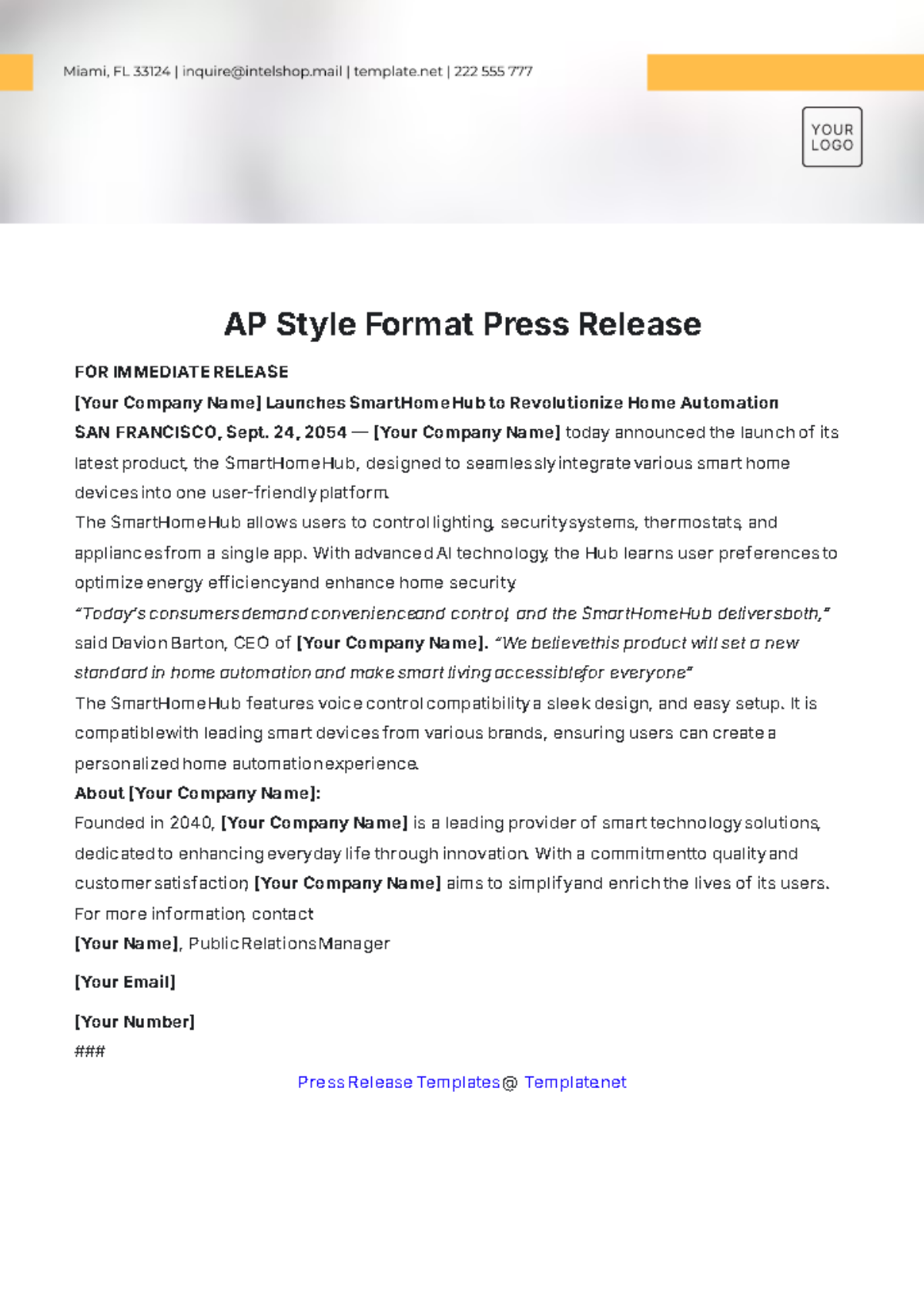 AP Style Format Press Release Template - Edit Online & Download