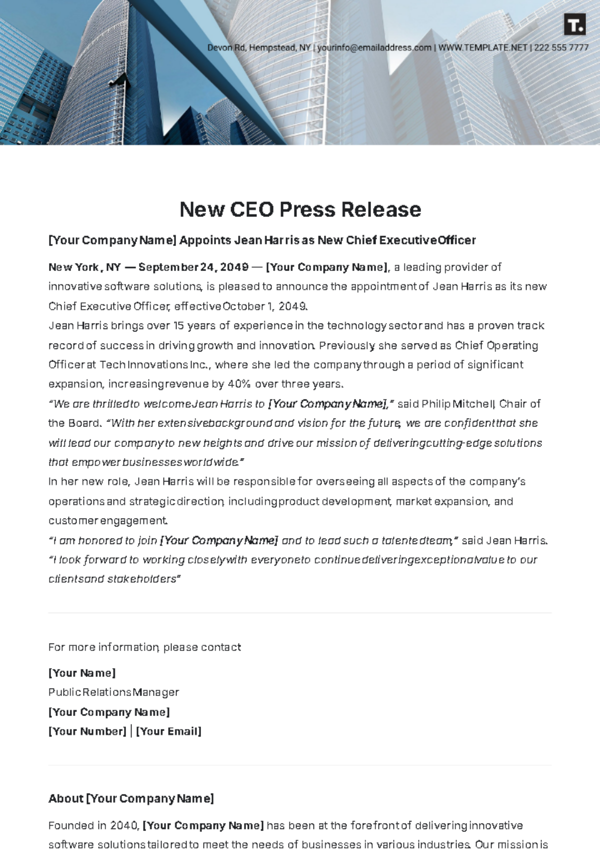 New CEO Press Release Template - Edit Online & Download