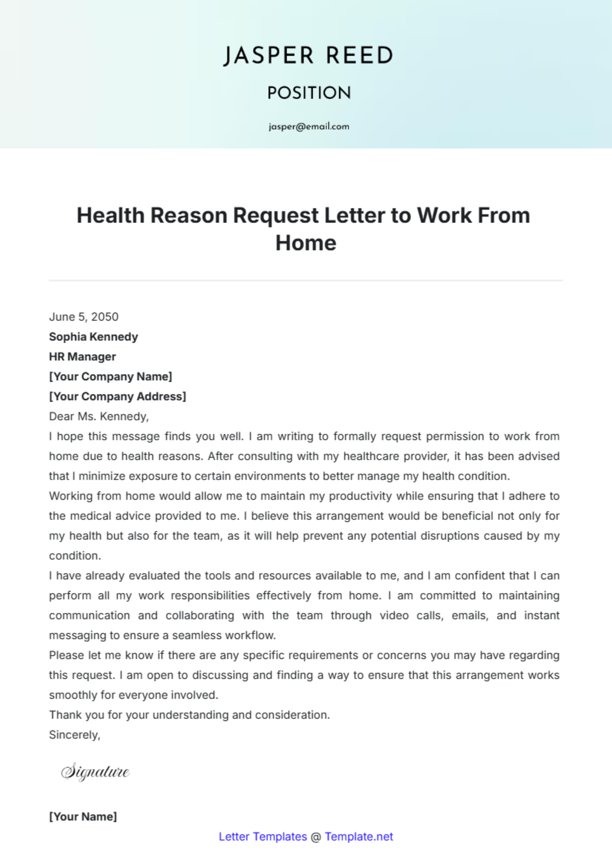 Health Reason Request Letter to Work From Home Template