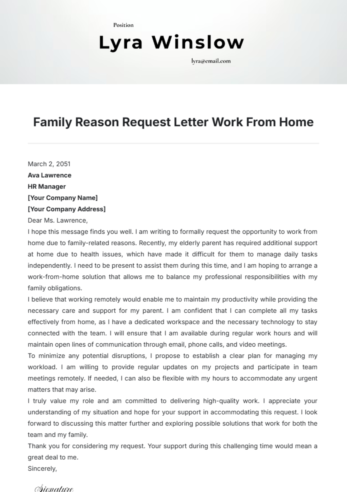 Family Reason Request Letter Work From Home Template