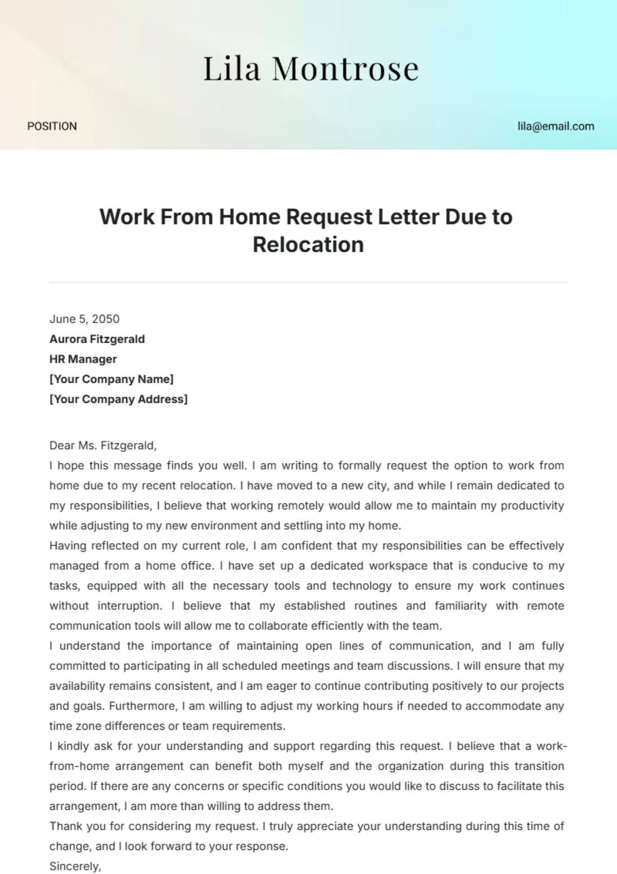 Work From Home Request Letter Due to Relocation Template