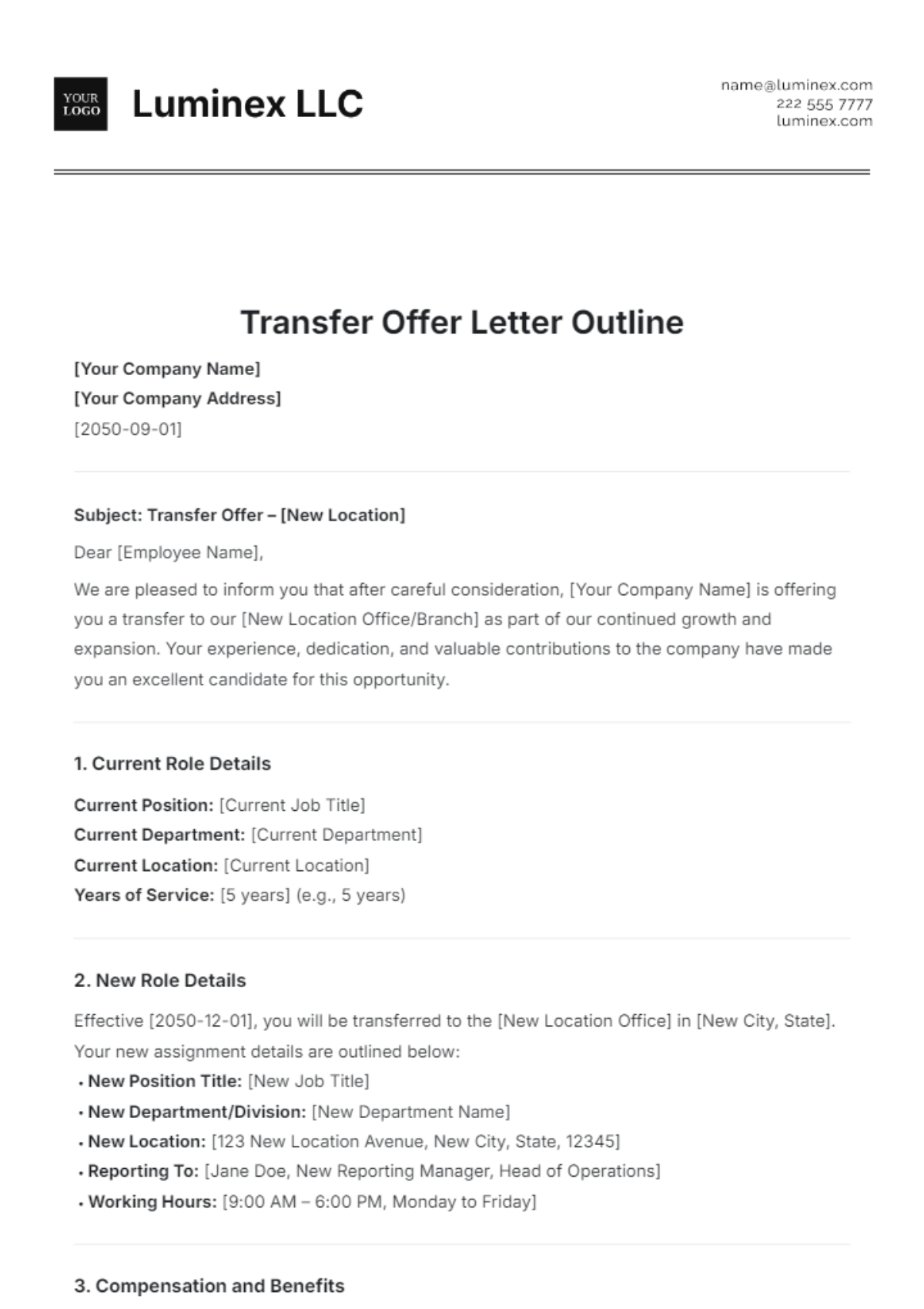 Transfer Offer Letter Outline Template