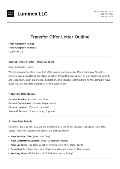 Free Transfer Offer Letter Outline Template to Edit Online
