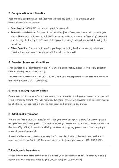 Free Transfer Offer Letter Outline Template to Edit Online