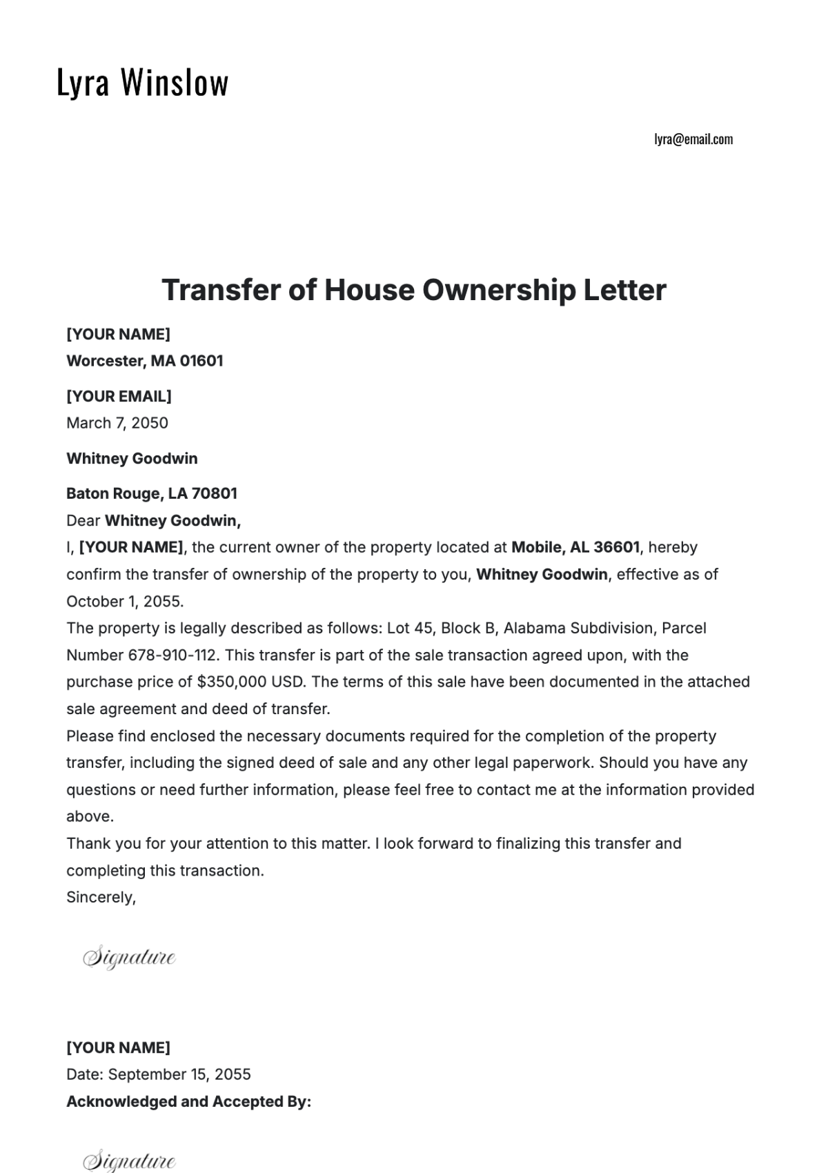 Transfer of House Ownership Letter Template - Edit Online & Download