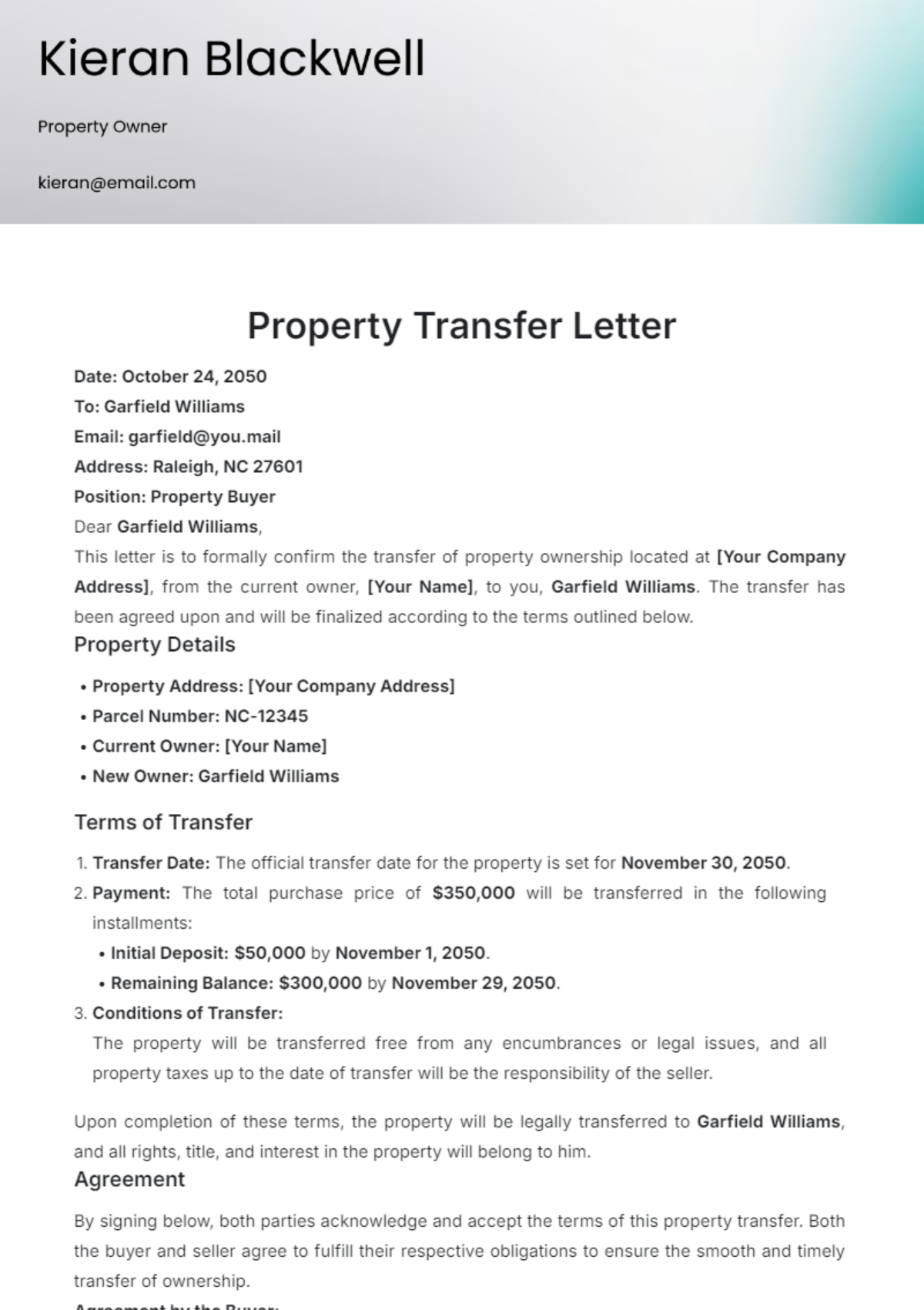 Property Transfer Letter Template - Edit Online & Download