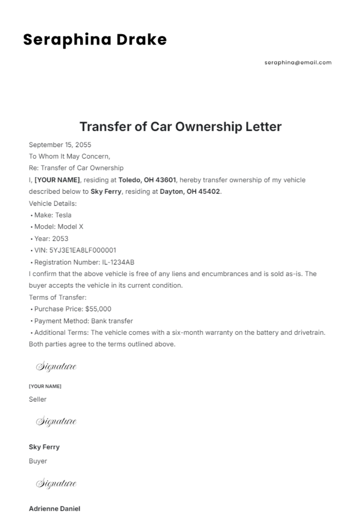 Transfer of Car Ownership Letter Template - Edit Online & Download