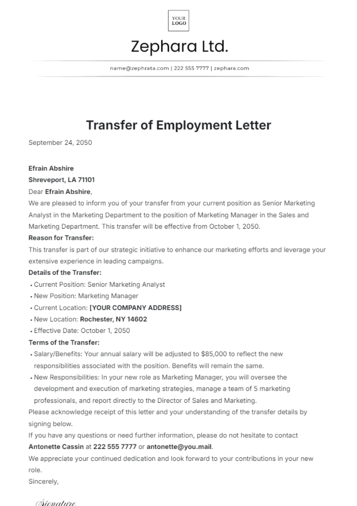 Transfer of Employment Letter Template