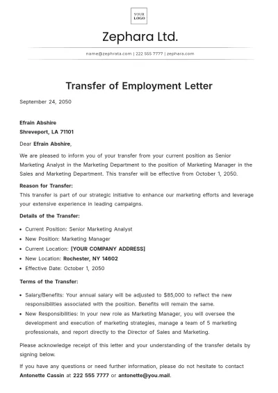 Free Transfer of Employment Letter Template to Edit Online