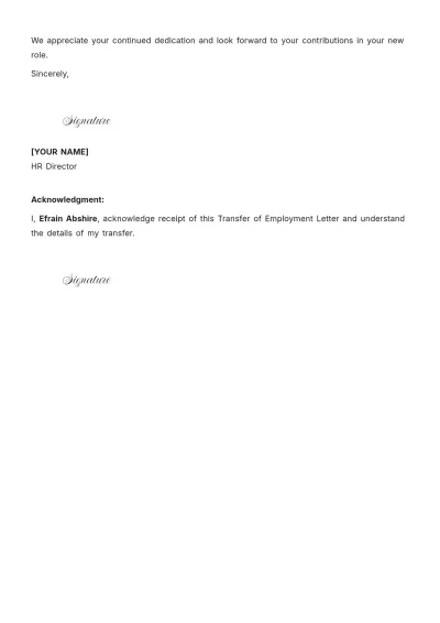 Free Transfer of Employment Letter Template to Edit Online