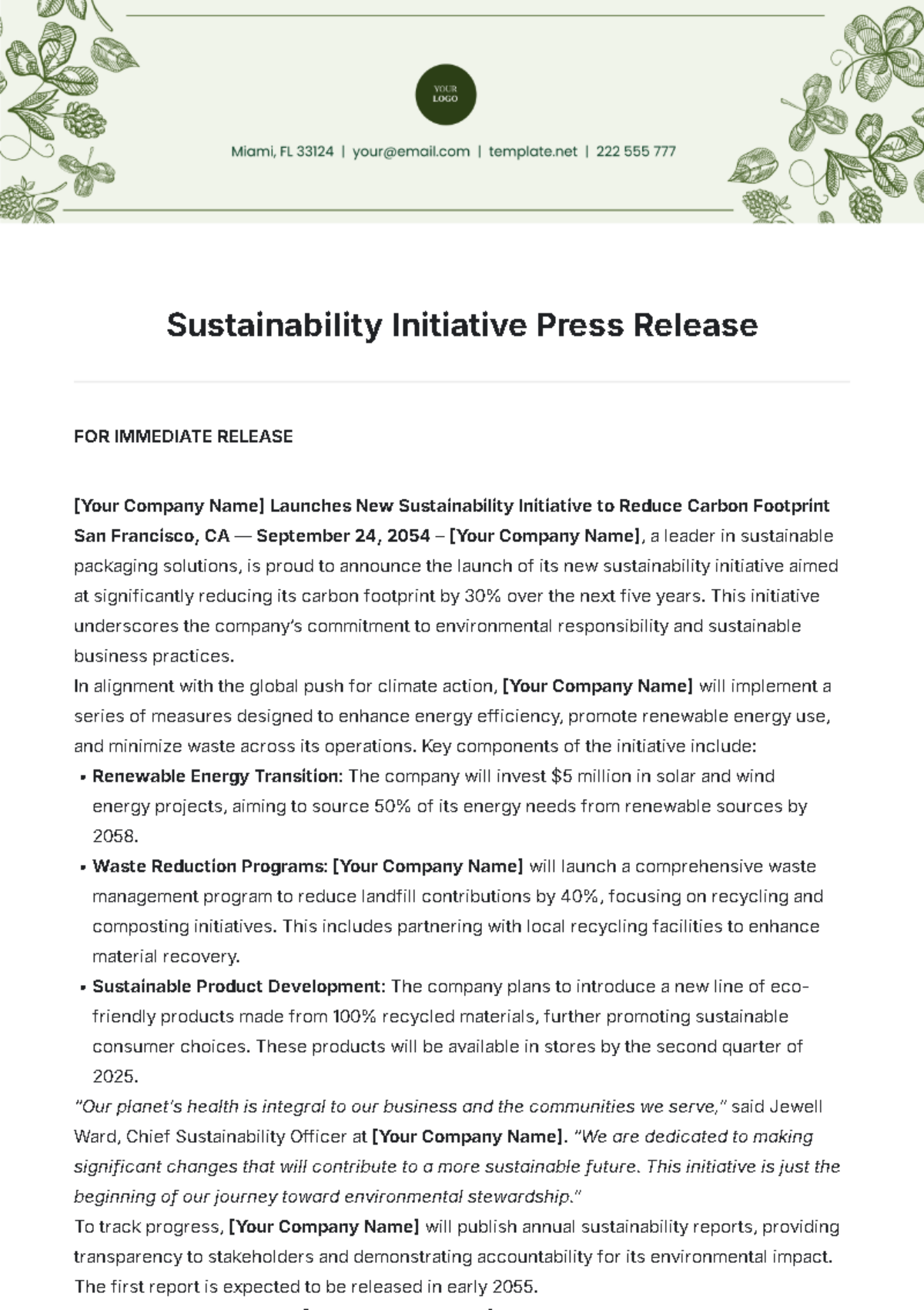 Sustainability Initiative Press Release Template - Edit Online & Download