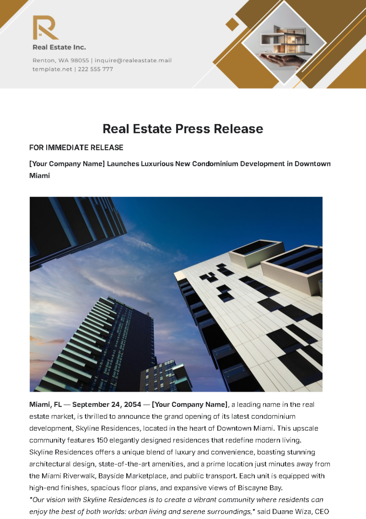 Real Estate Press Release Template