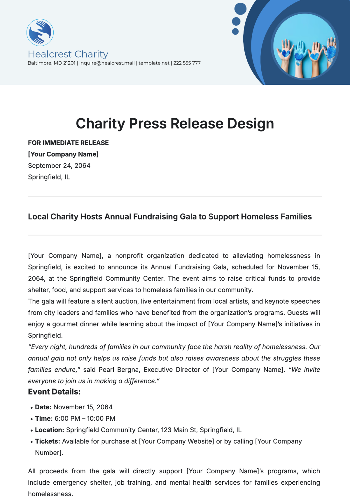 Free Charity Press Release Design Template