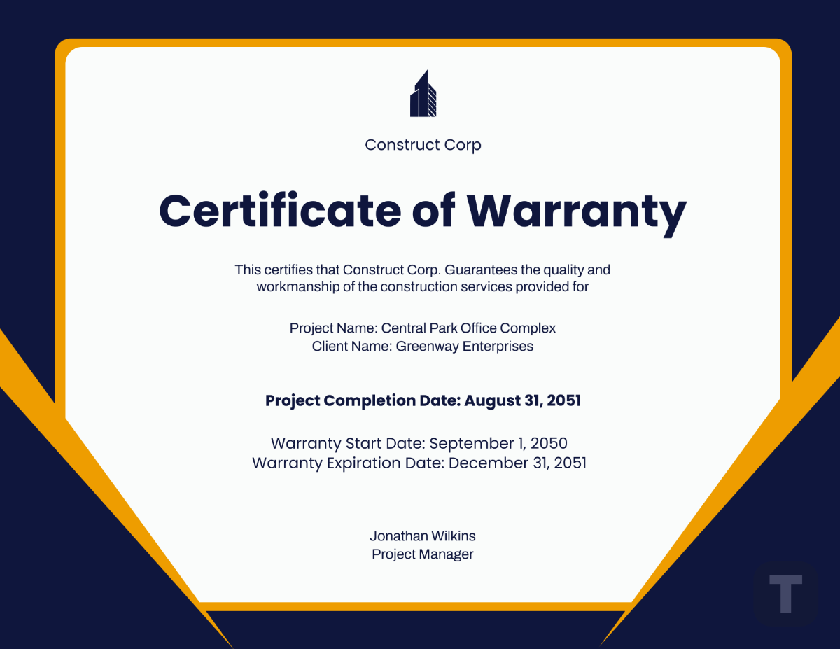 Warranty Certificate for Contractor