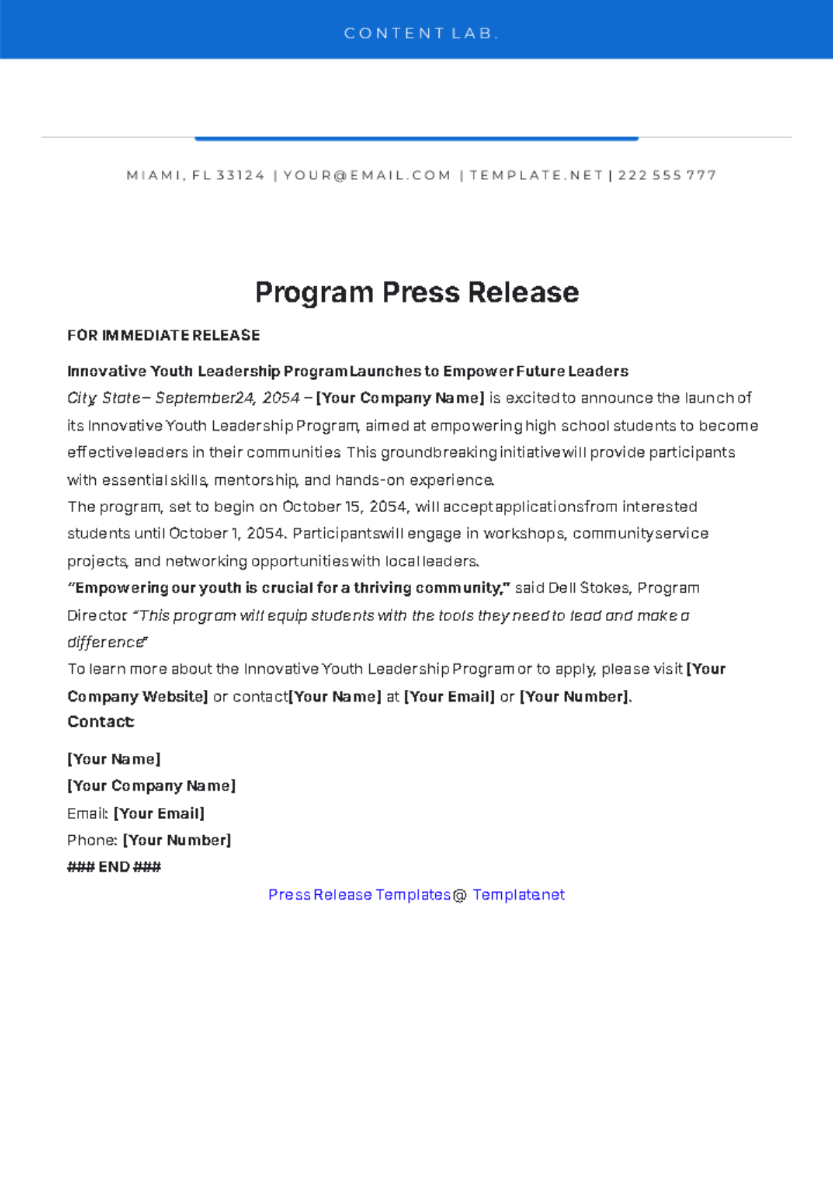 Program Press Release Template