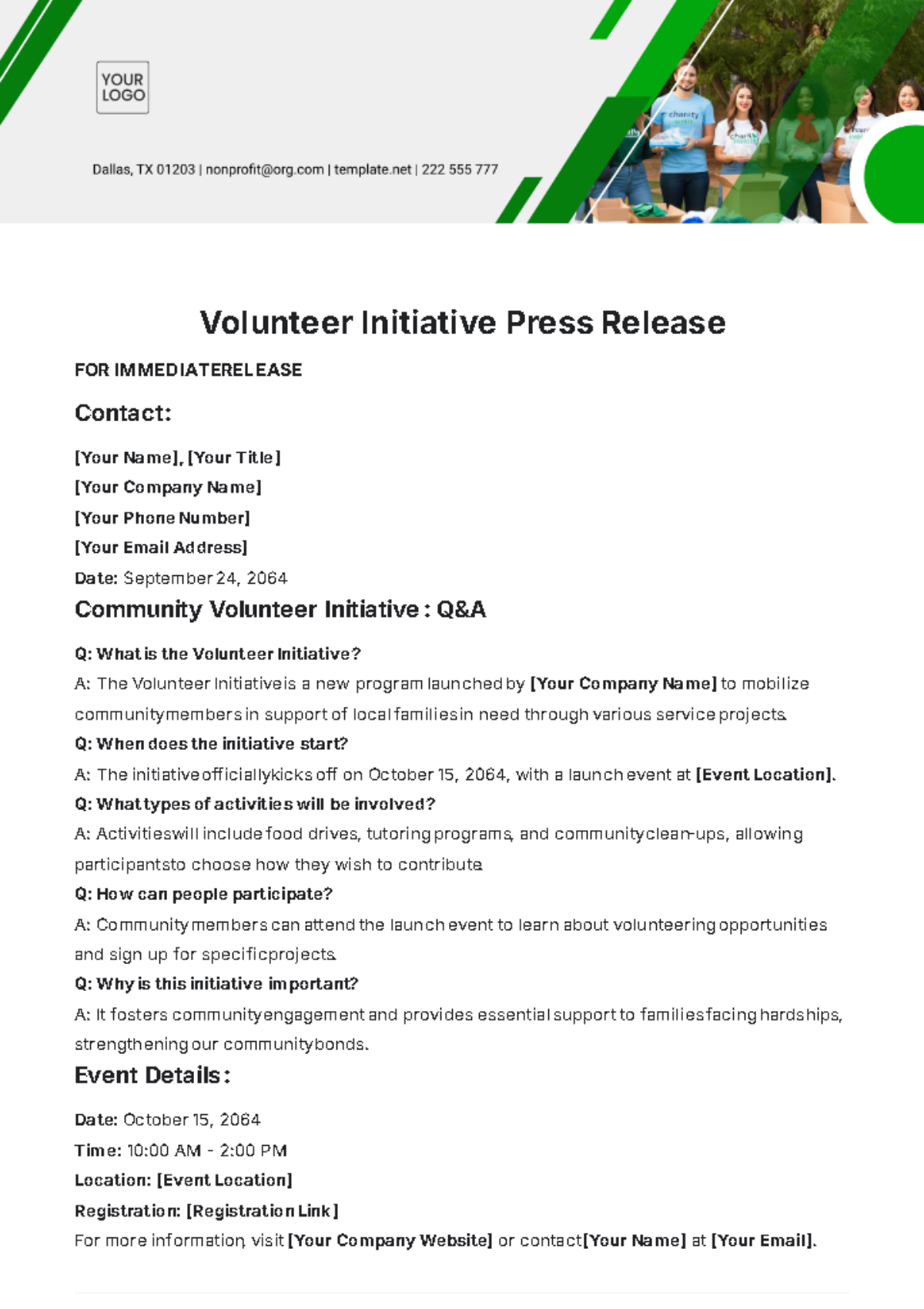 Volunteer Initiative Press Release Template - Edit Online & Download