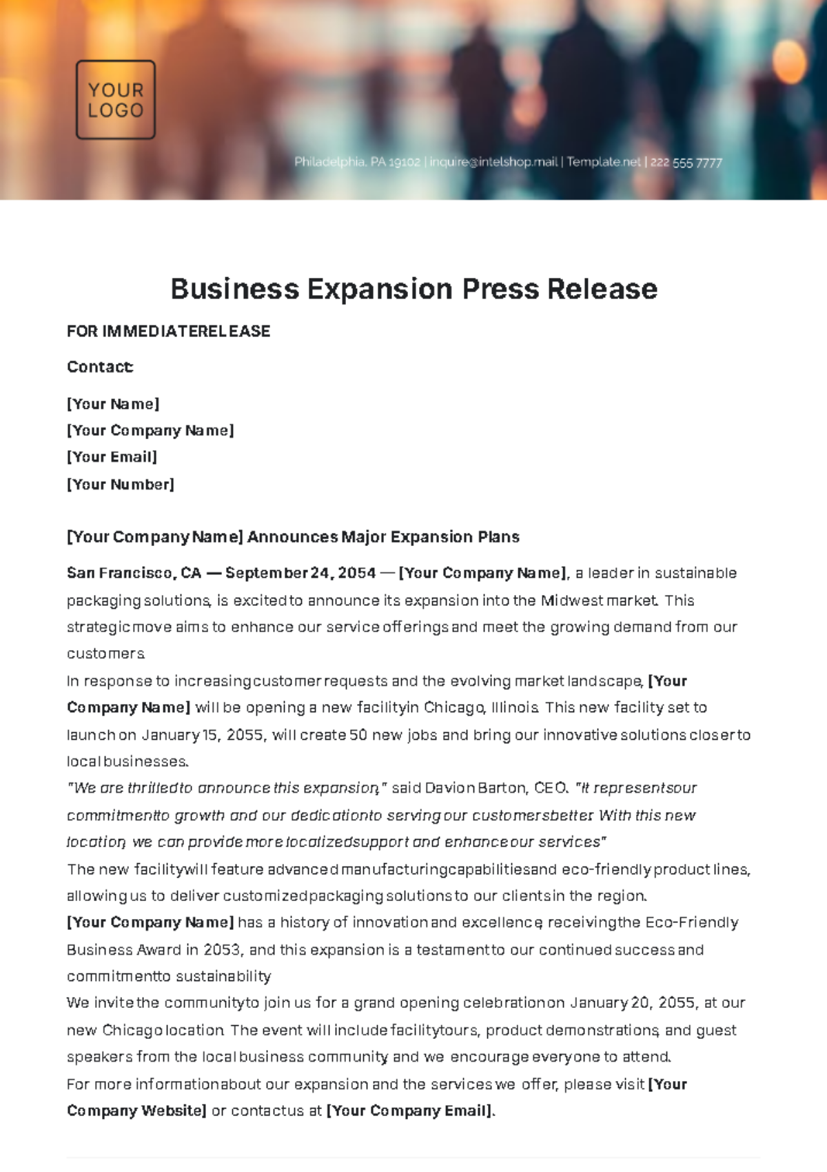 Business Expansion Press Release Template - Edit Online & Download