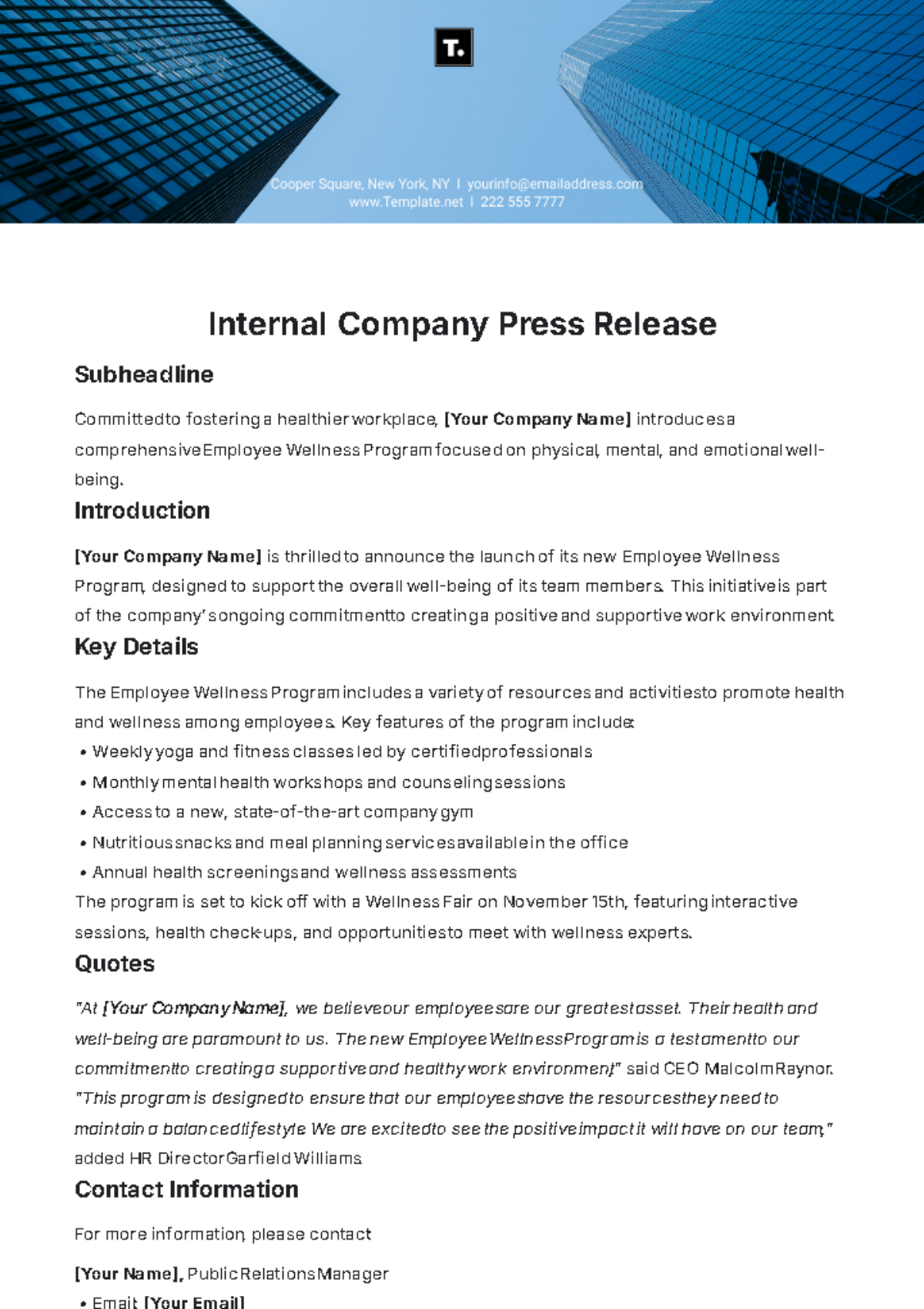 Internal Company Press Release Template - Edit Online & Download