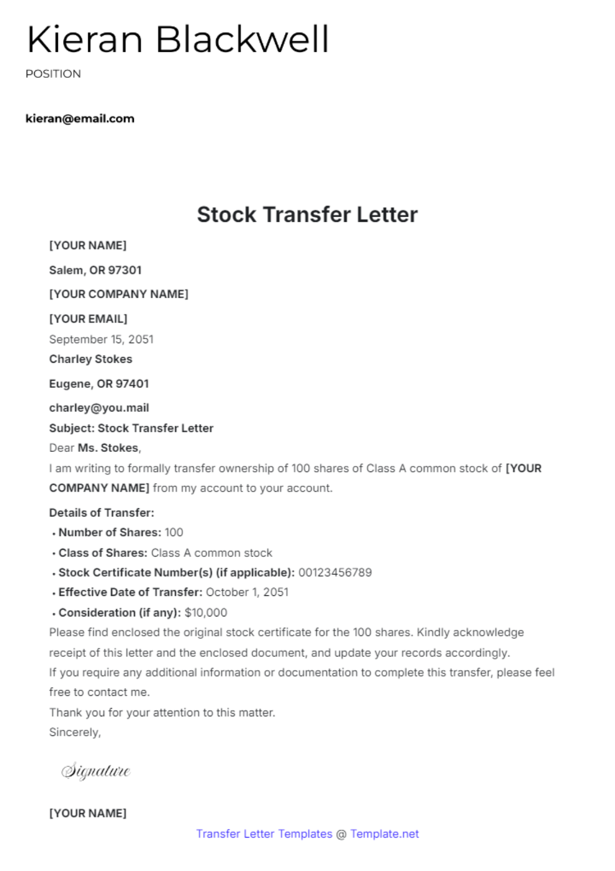 Stock Transfer Letter Template