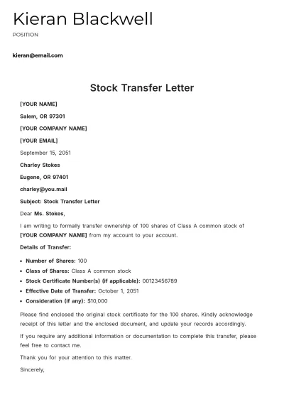 Free Stock Transfer Letter Template to Edit Online