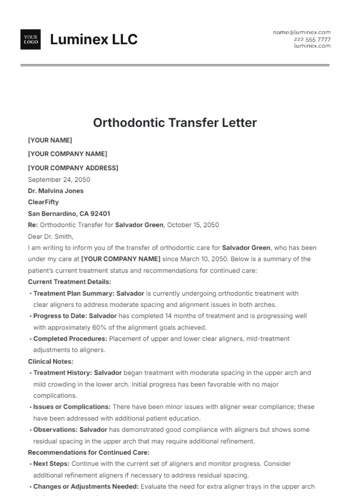 Orthodontic Transfer Letter Template