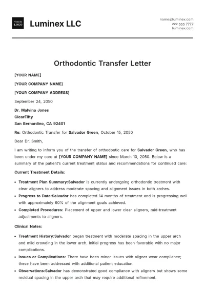 Free Orthodontic Transfer Letter Template to Edit Online