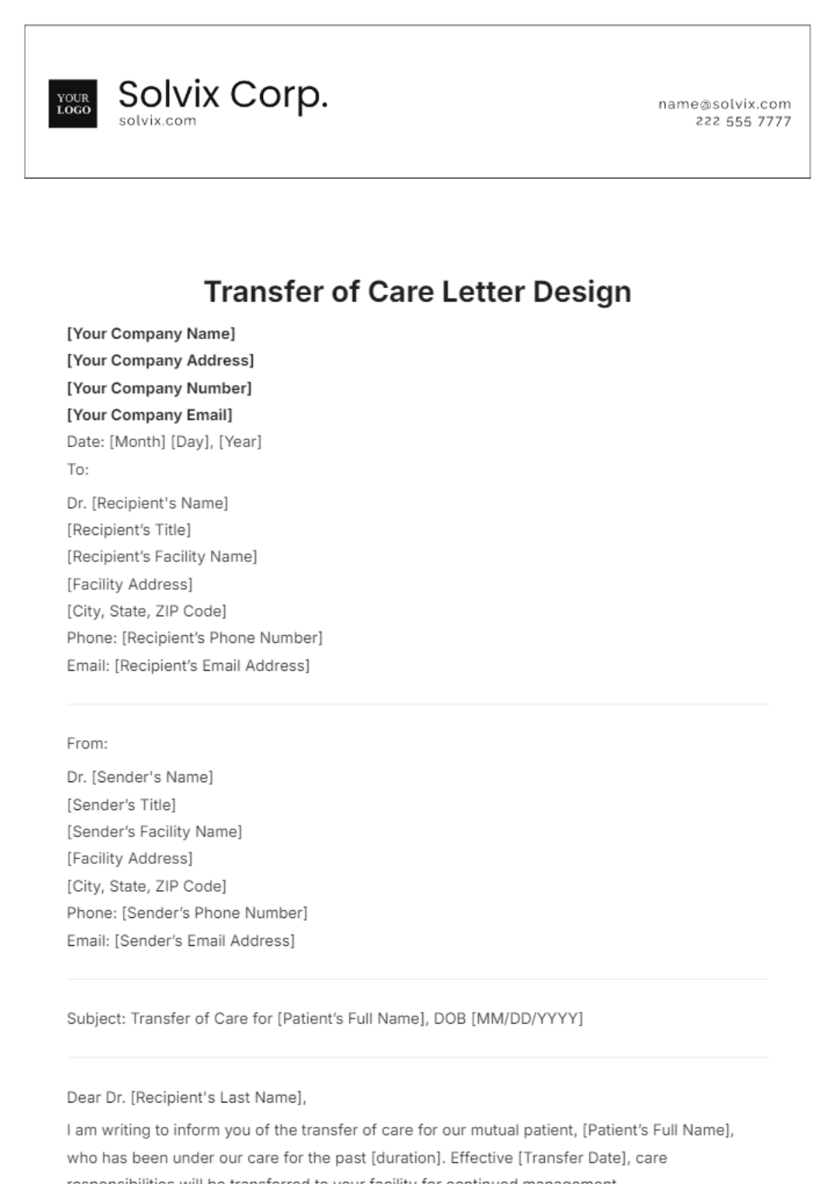 Transfer of Care Letter Design Template