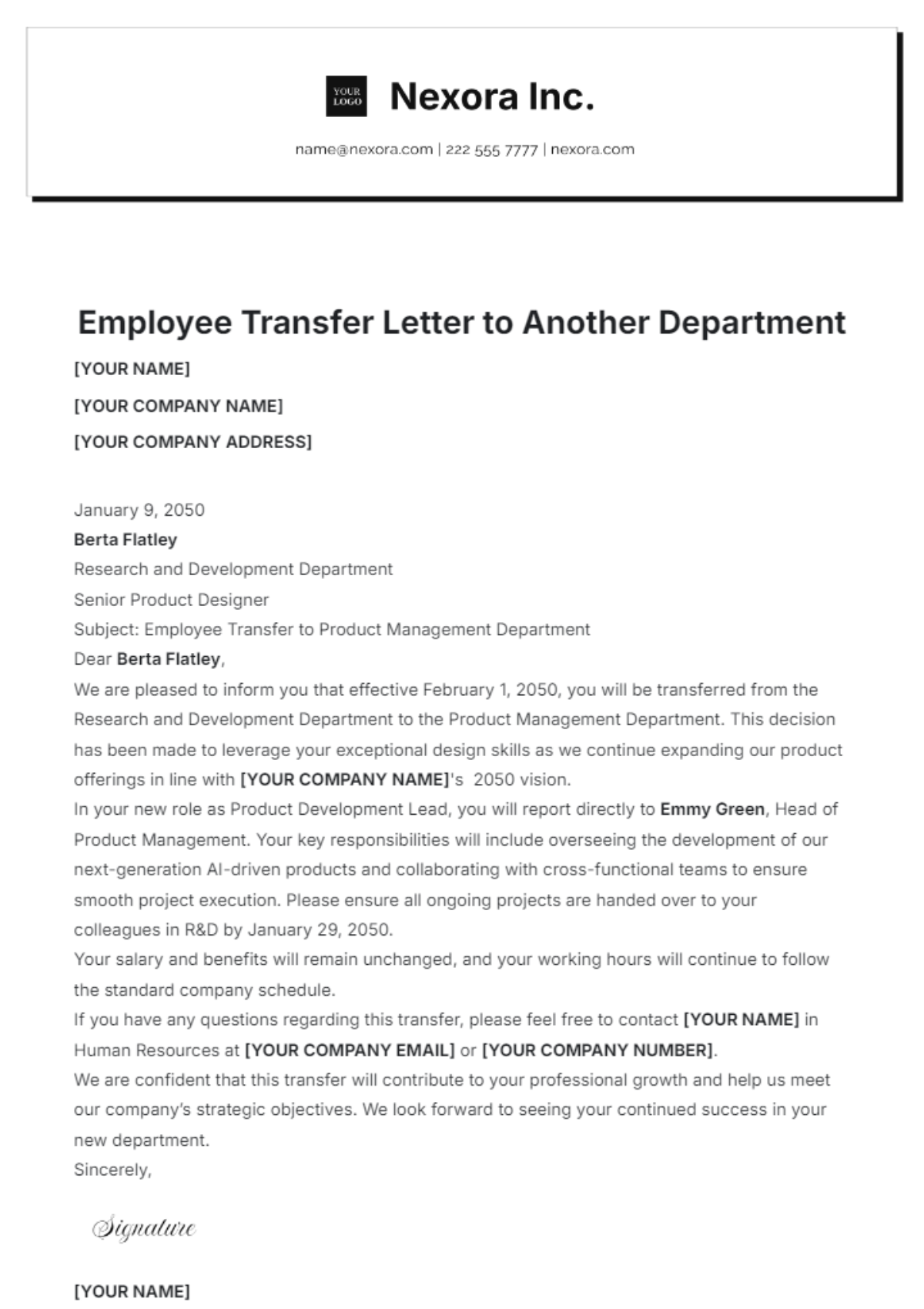 Employee Transfer Letter to Another Department Template