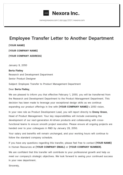 Free Employee Transfer Letter to Another Department Template to Edit Online