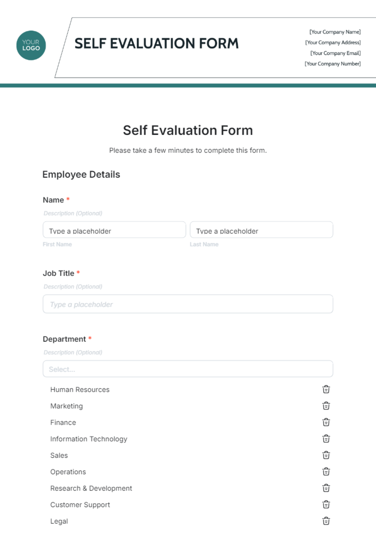 Self Evaluation Form Template - Edit Online & Download