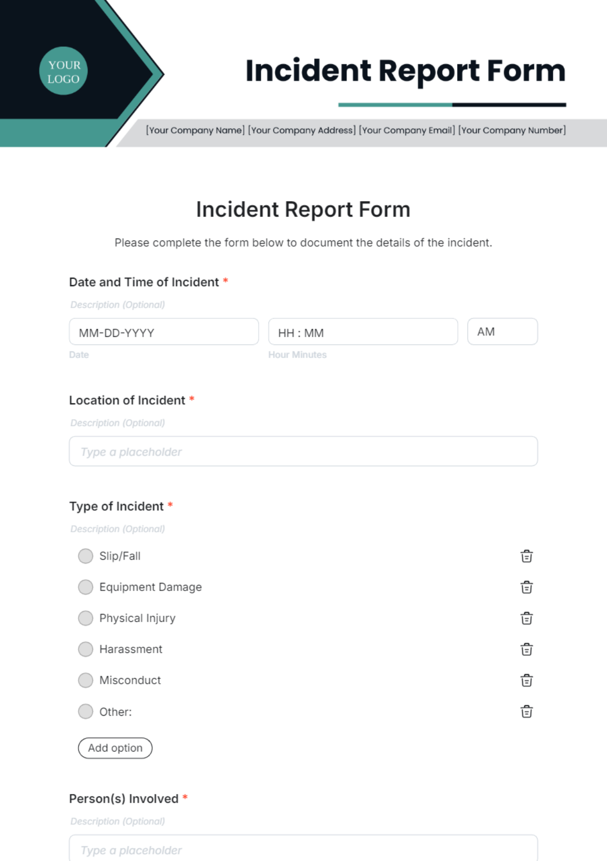 Free Incident Report Form Template