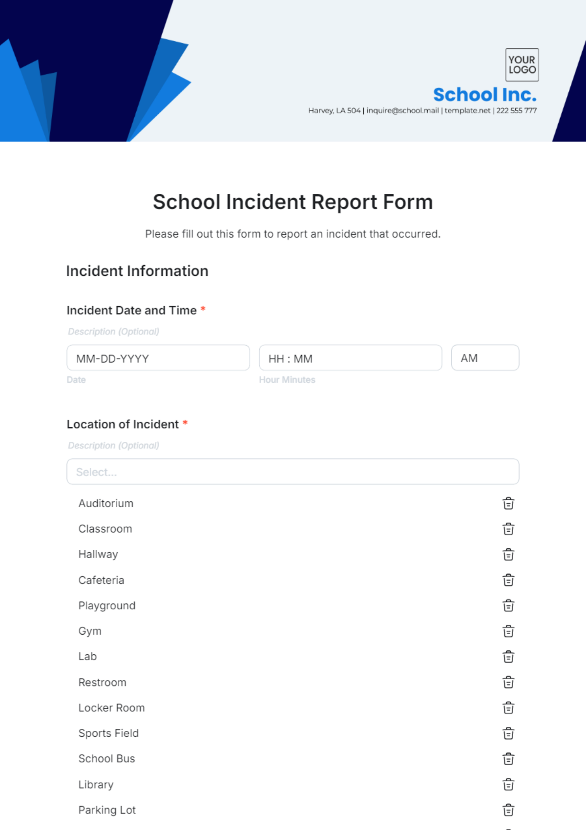 School Incident Report Form Template